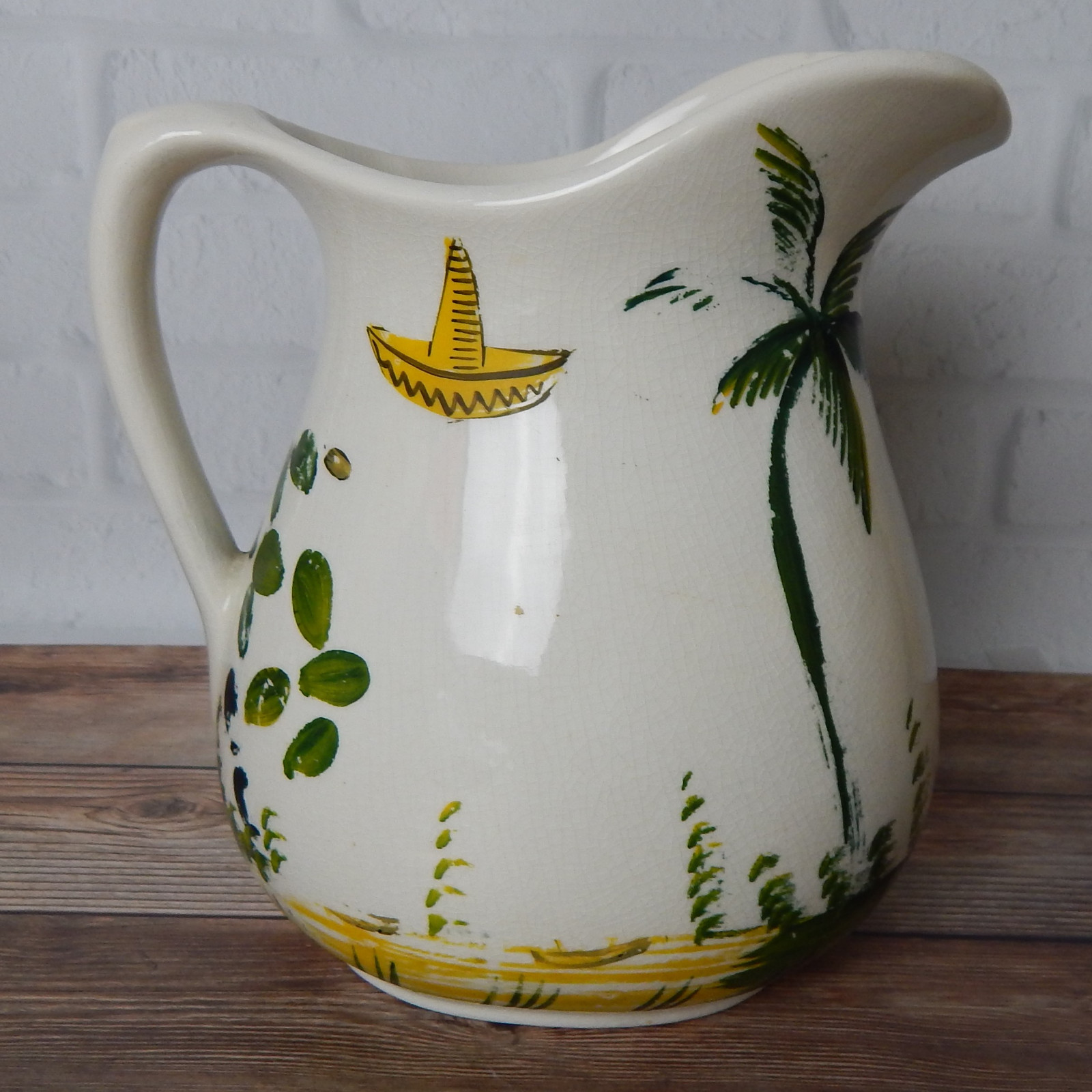 Vintage Hand Painted Mexico Folk Art Pitcher Keramos 7.75