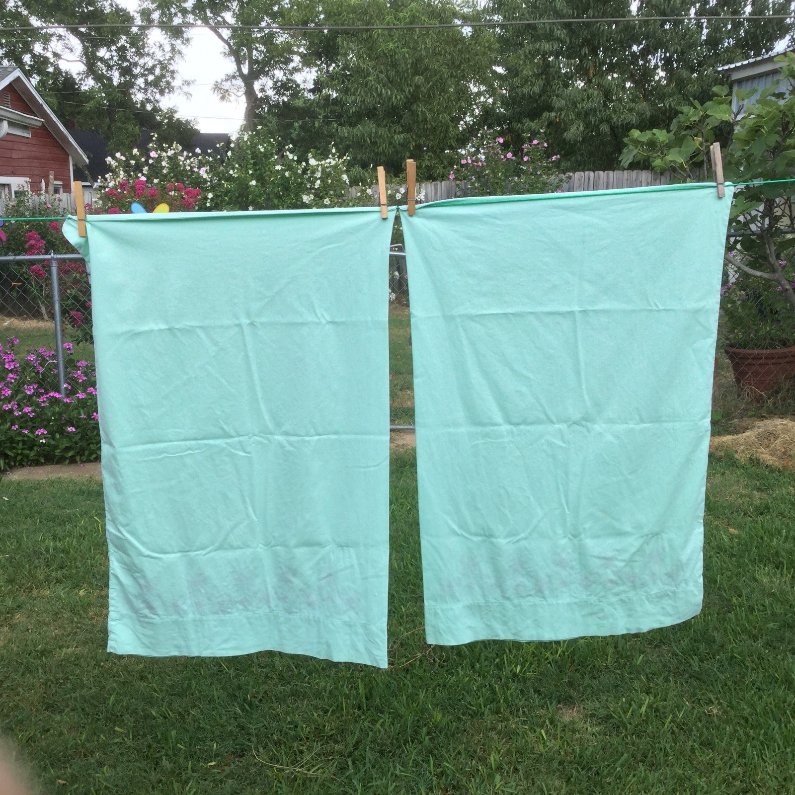 Vintage Pillowcase Set Hand Cross Stitched Floral Green Pink Dress