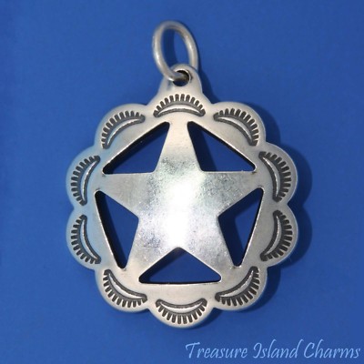 Western Sheriff Badge Texas Star 925 Solid Sterling Silver Charm Pendant