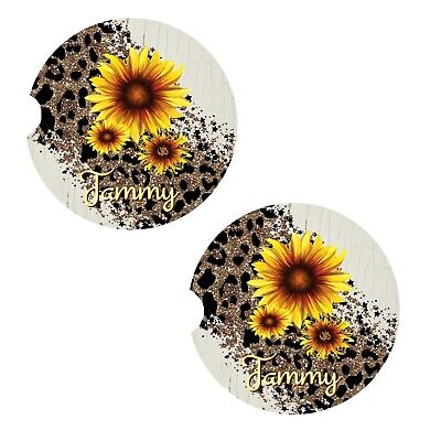 Sunflower Cheetah Personalized Car Coasters, Flower Coaster, Leopard, Name
