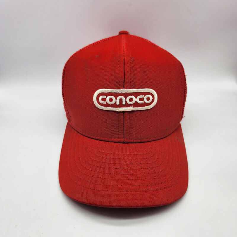 Vintage Conoco Cap Hat Patch Red Snapback Trucker Mesh Back