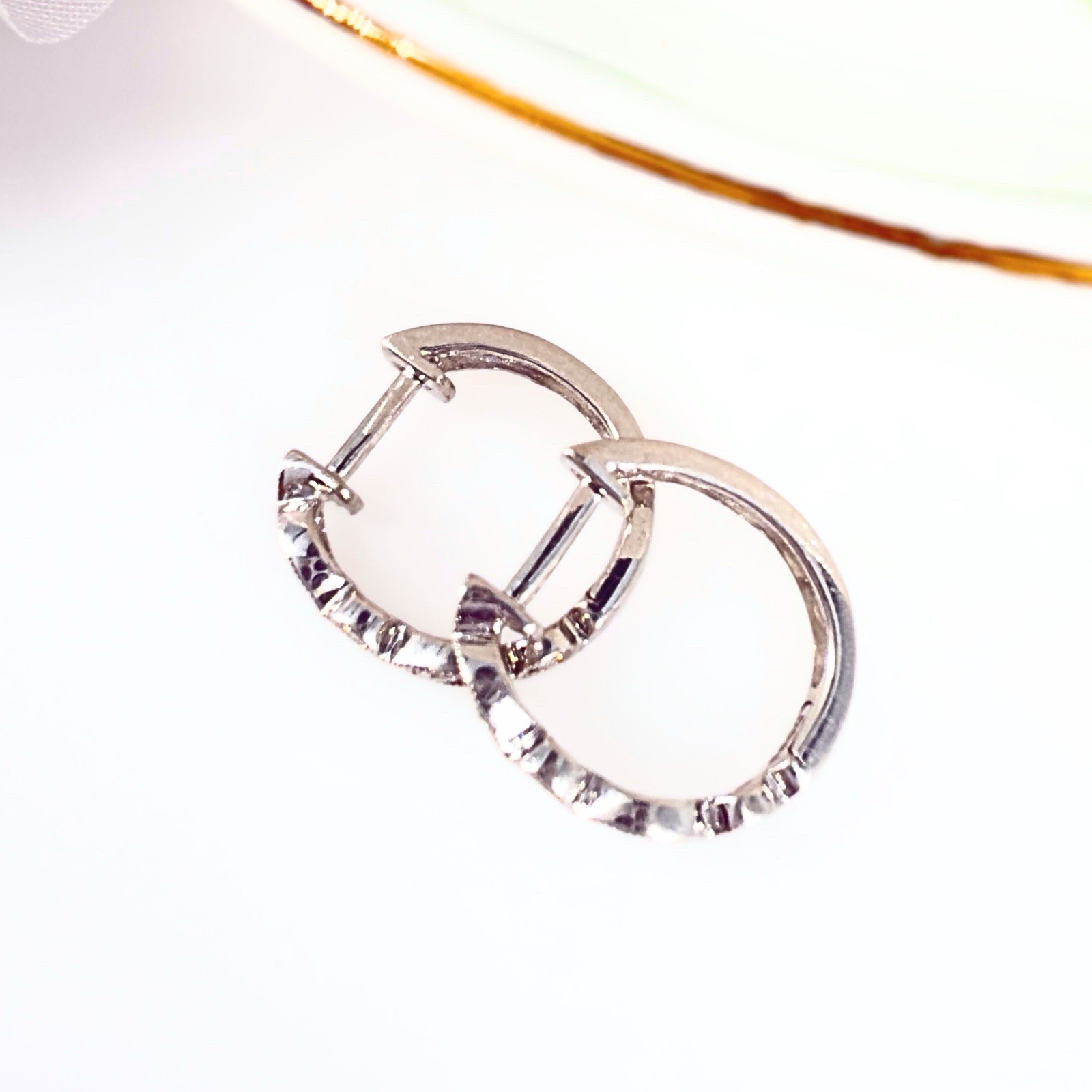 14k White Gold Genuine Diamond Huggie Hoop Earrings, New - Picture 11 of 14
