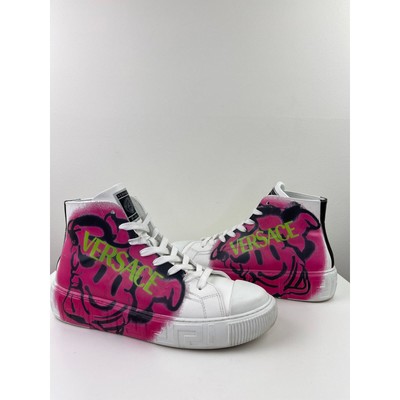 VERSACE Men's Greca Smile High Top Lace Sneakers Platform White Pink Graffiti 43