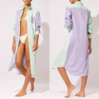 Solid and Striped The oxford tunic coastal maxi shirt dress green purple Sz L