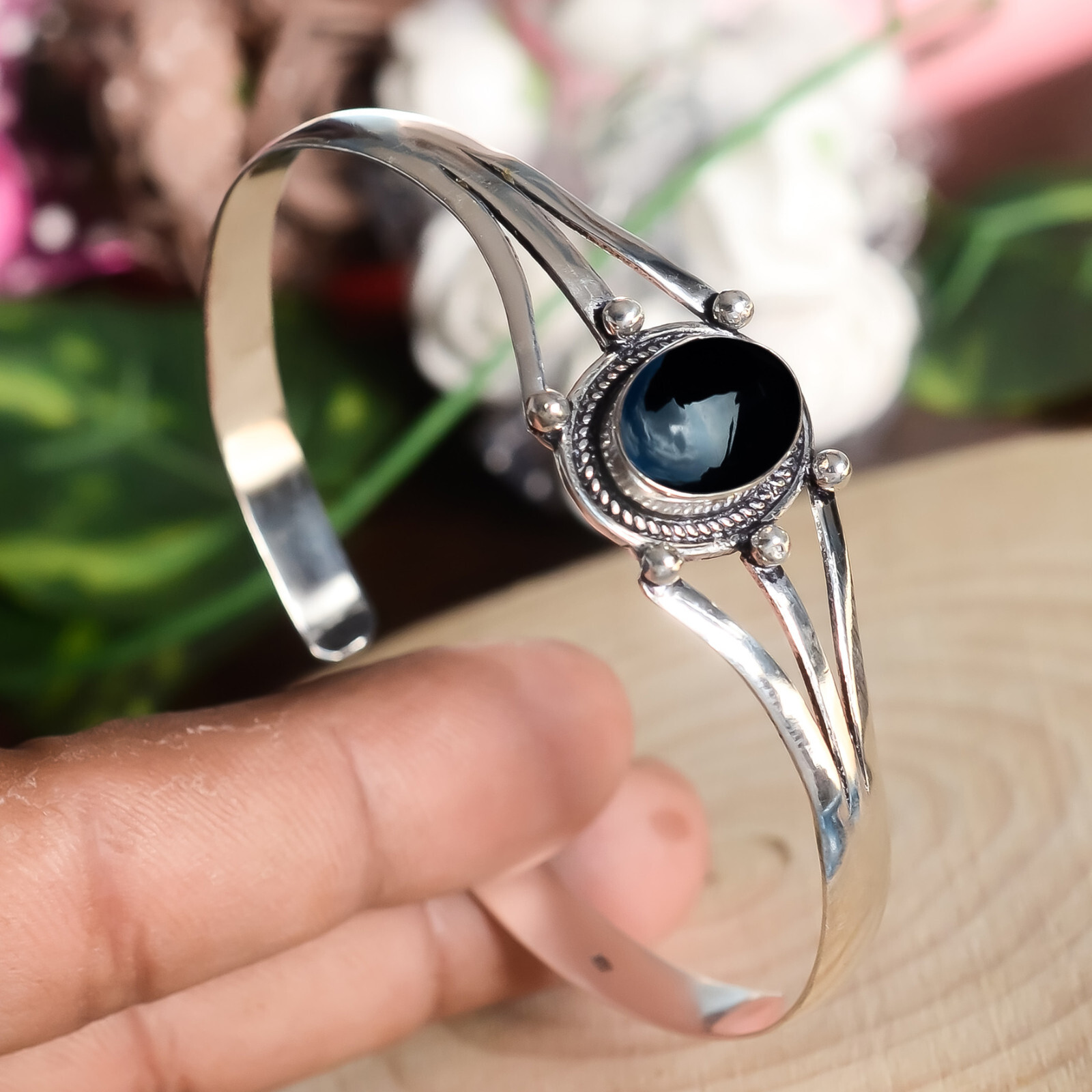 アクセサリー Vintage Onyx Cuff Bracelet Oval Black Onyx Gemstone Bracelet 925 Sterling Silver