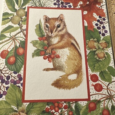 Vtg UNUSED Christmas Card Chipmunk Gathering Gifts Elizabeth Golz Rush W/Env