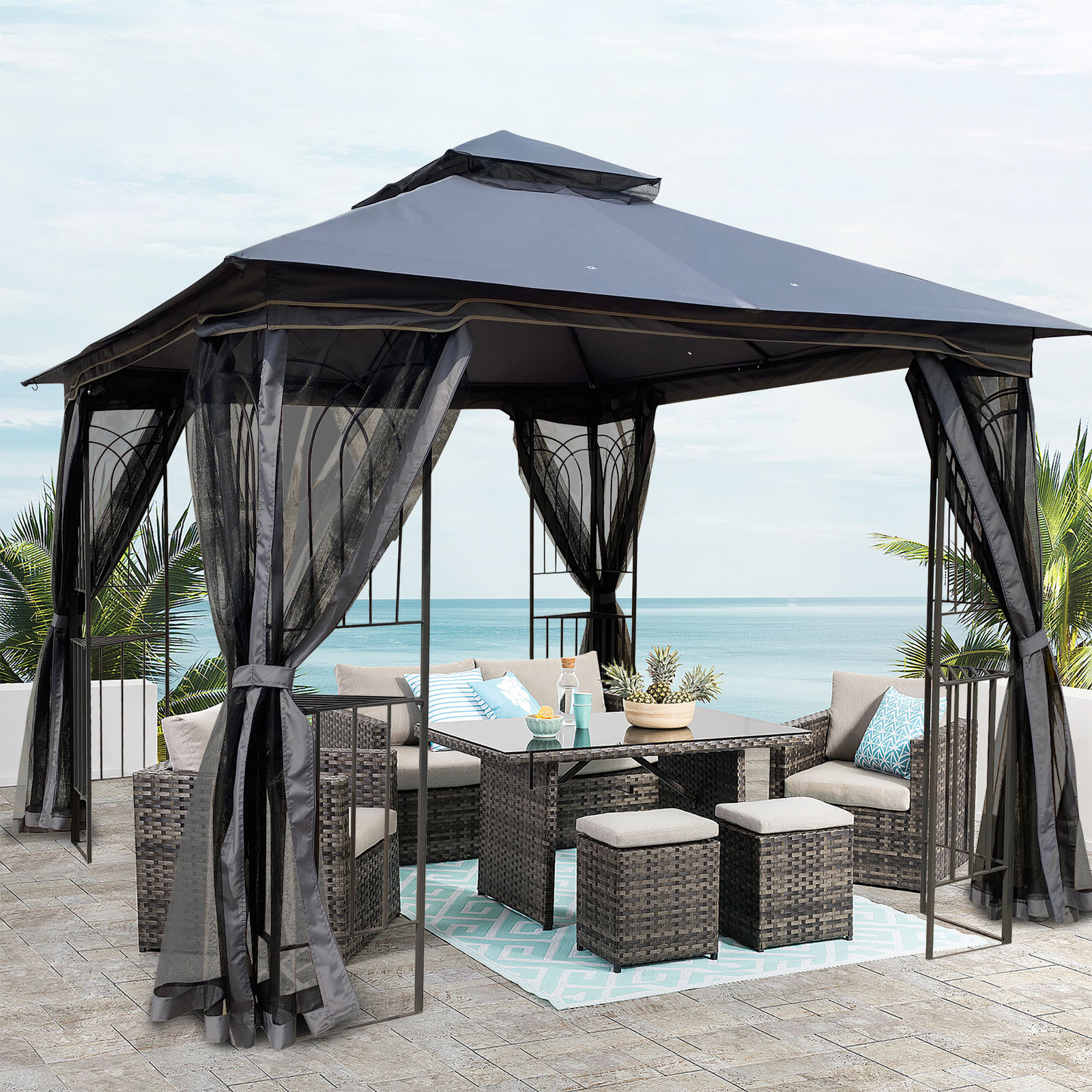 10x10FT Garden Patio Gazebo Canopy Tent With Ventilated Double Roof Mosquito Net