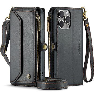 For iPhone 15 Pro Max 14 13 12 11 7 8 XR Leather Crossbody Strap Wallet Case 