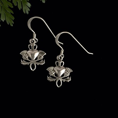 Small Sterling Silver Scottish Thistle & Heart Earrings Love Scotland Heritage