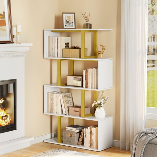 5-Tier Gold Geometric Bookshelf  S Shaped Bookcase Freestanding Display Shelves