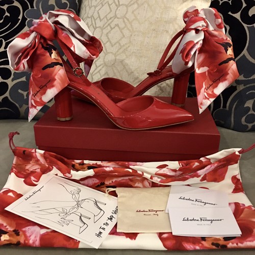 Pre-owned Ferragamo $785 Salvatore  Sorano Red Patent Leather Silk Scarf Point Toe Pump