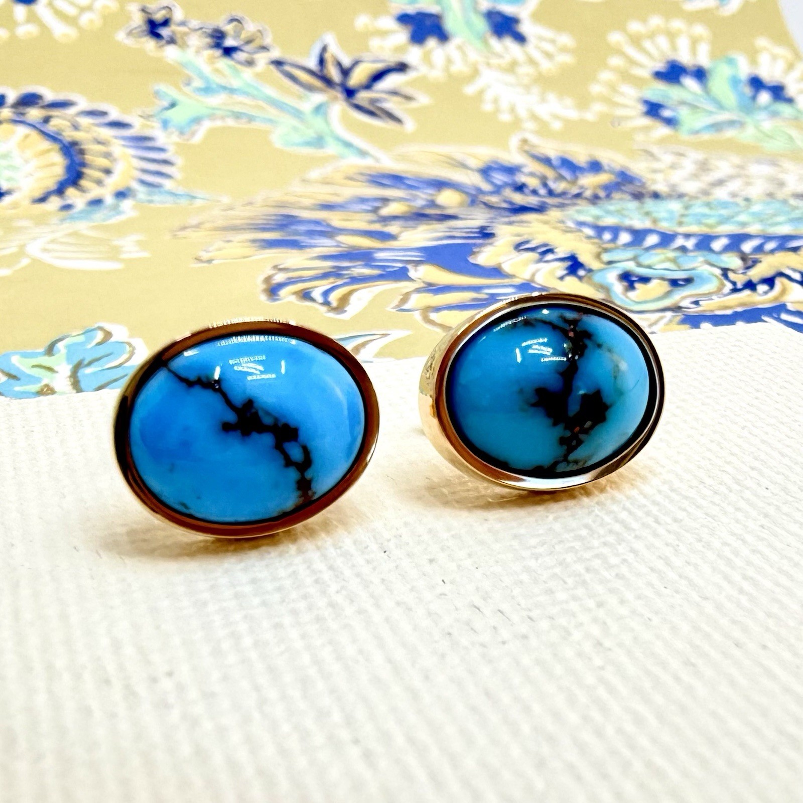 14k Yellow Gold Egyptian Turquoise Custom Made Stud Earrings, New Pair #2 - Picture 3 of 8