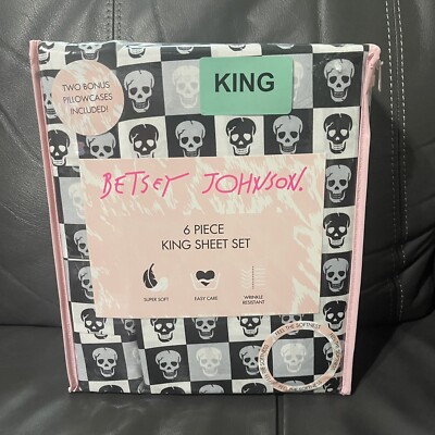 Betsey Johnson Halloween King Size Sheets Black White Checkered Skulls New NWT