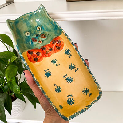 Vtg Appetizer Serving Dish CAT Tray Bowl Art Pottery Italy Ceramic Wall Hanging