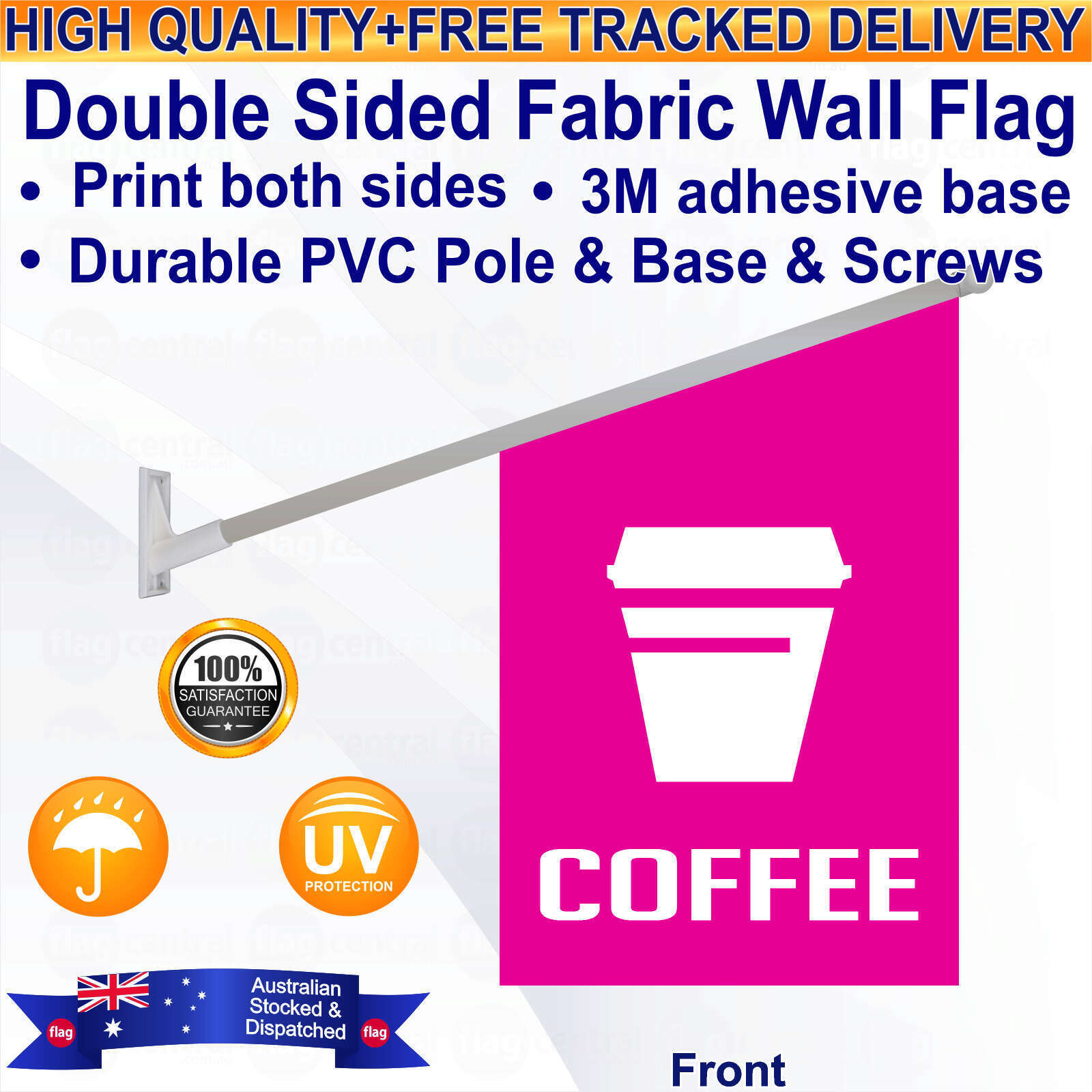 COFFEE with a TAKEAWAY CUP Pink Deluxe Shiny Double-Sided Fabric Wall Flag Kit