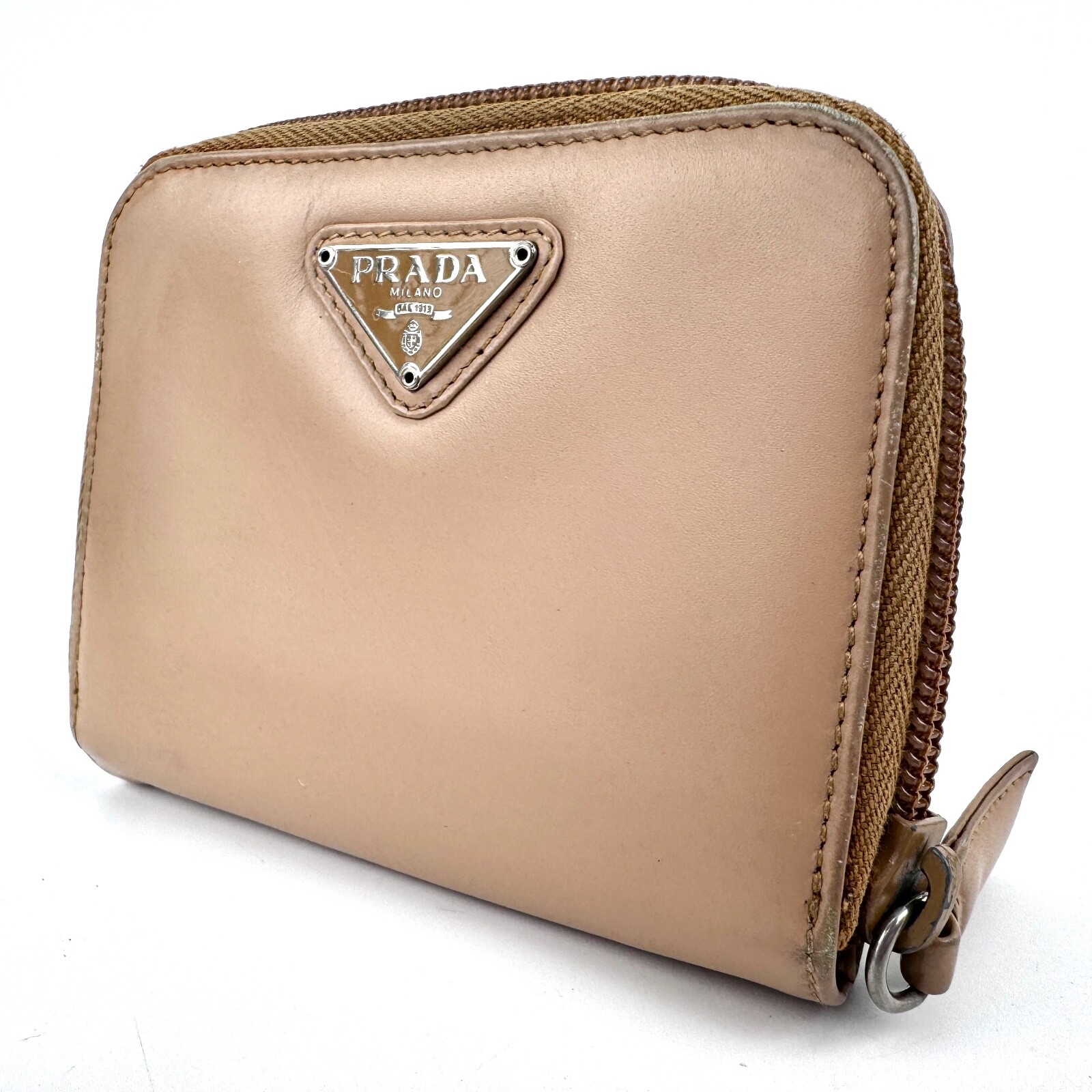 PRADA Purse Coin Case Saffiano Leather Round Zipper Beige PRADA Purse Coin Case Saffiano Leather Round Zipper Beige