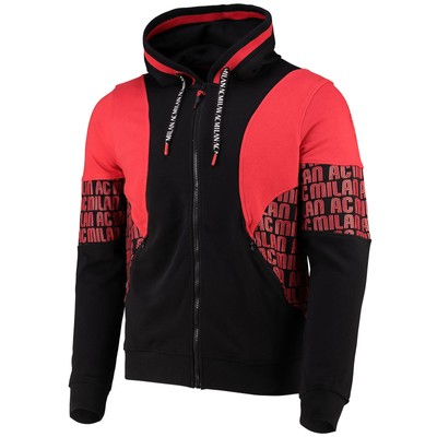 FANATICS AC MILAN FOOTBALL HOODIE AOP HOODED HOODY FULL ZIP BLACK RED MENS
