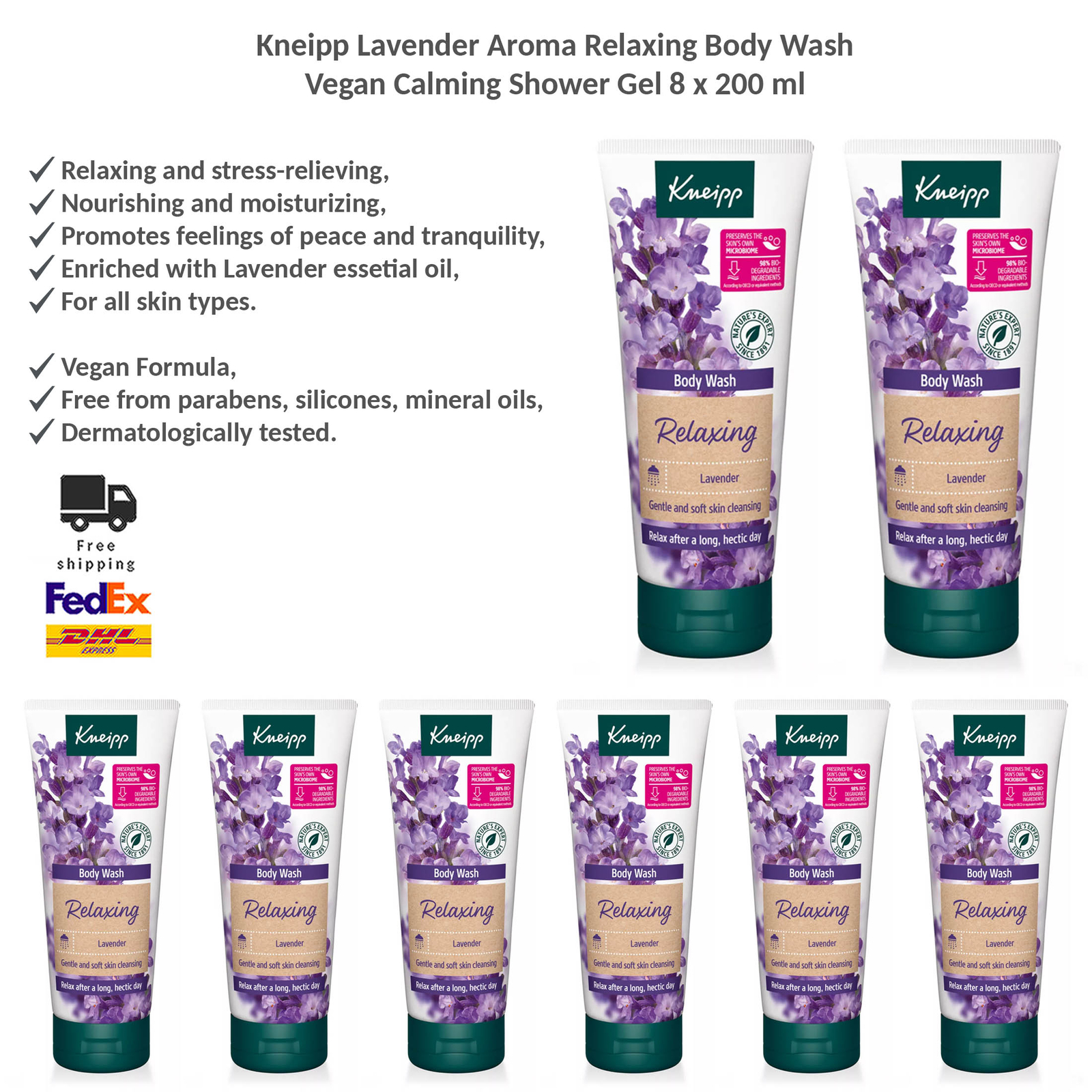 Kneipp Lavender Aroma Relaxing Body Wash - Vegan Calming Shower Gel 200ml x 8