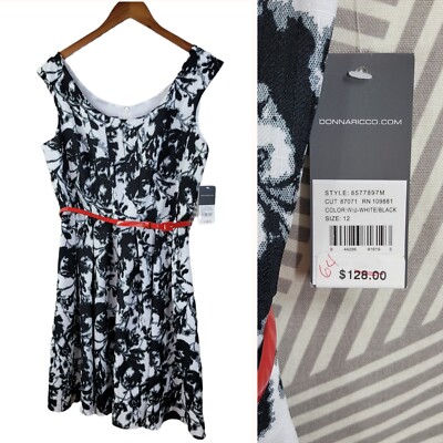 New Donna Ricco size 12 party Dress career party floral Belted Black white red