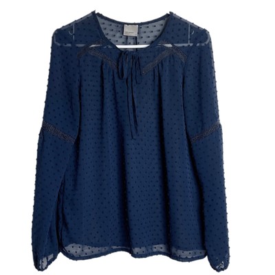 Vero Moda Womens Peasant Top Blouse Size M Navy Blue Swiss Dot Sheer Long Sleeve