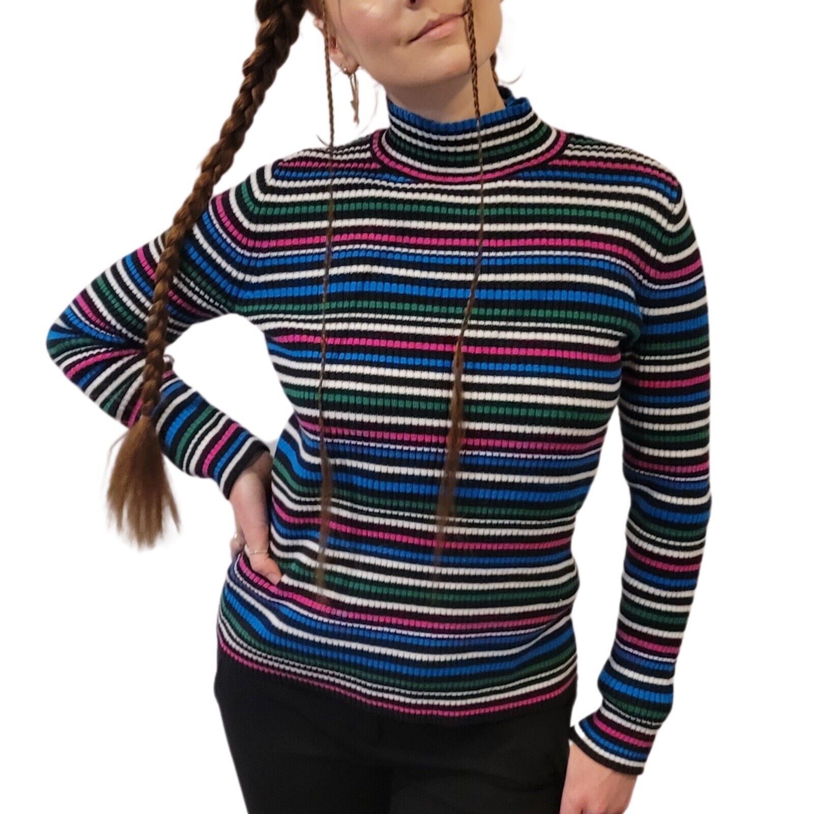 Vintage 90s Striped Ribbed Rainbow Turtleneck StudioWorks Women's Size Medium Vintage 90s Striped Ribbed Rainbow Turtleneck StudioWorks Women's Size Medium