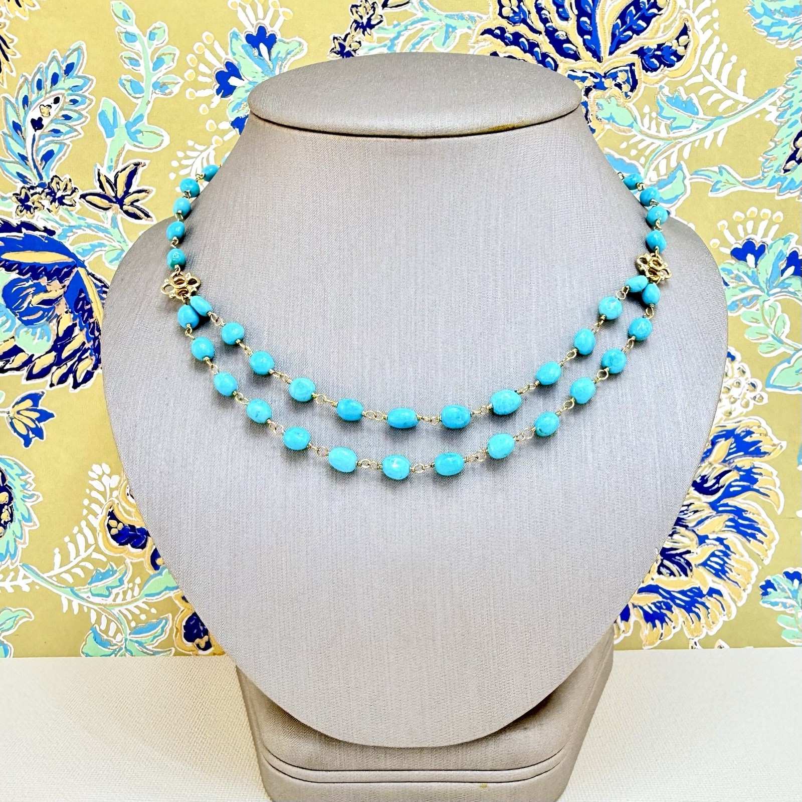 14k Yellow Gold Genuine Sleeping Beauty Turquoise Handcrafted Necklace, 16.5-18