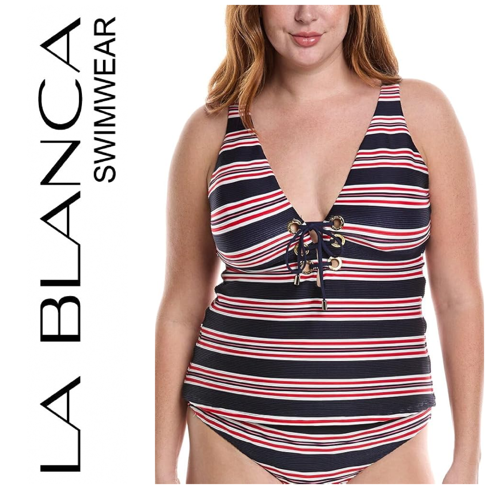 NEW La Blanca Sz 22W Sailor Stripe Lace Up Nautical Tankini Bikini Bottom NWT