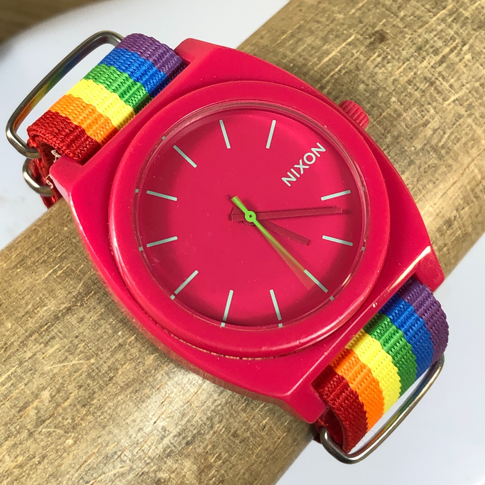 Nixon Women Time Teller Pink Dial Rainbow Nylon Strap 40mm