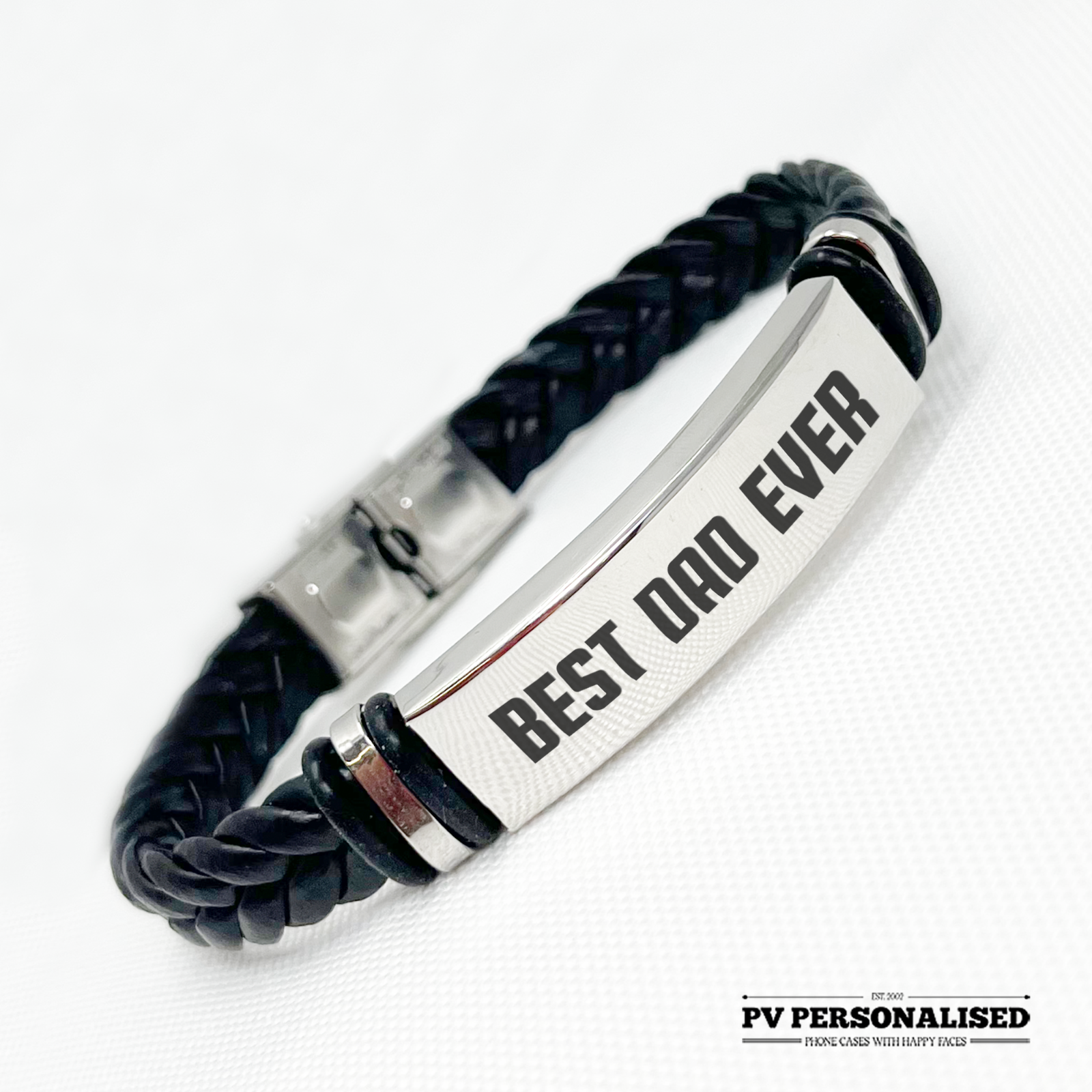 Personalised Mens Leather Bracelet Custom Engraved ID Plate Dad Gift Fathers Day