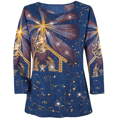 Collections Etc Women's Peaceful Nativity Scene Long Sleeve Top Navy Medium