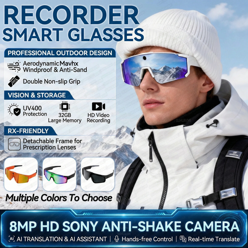 2026 AI Skiing Smart Glasses 800W HD Anti-Shake Camera Action Capture Goggles Men 3D Surroud Sound AI Chat Call Sport Sunglasses