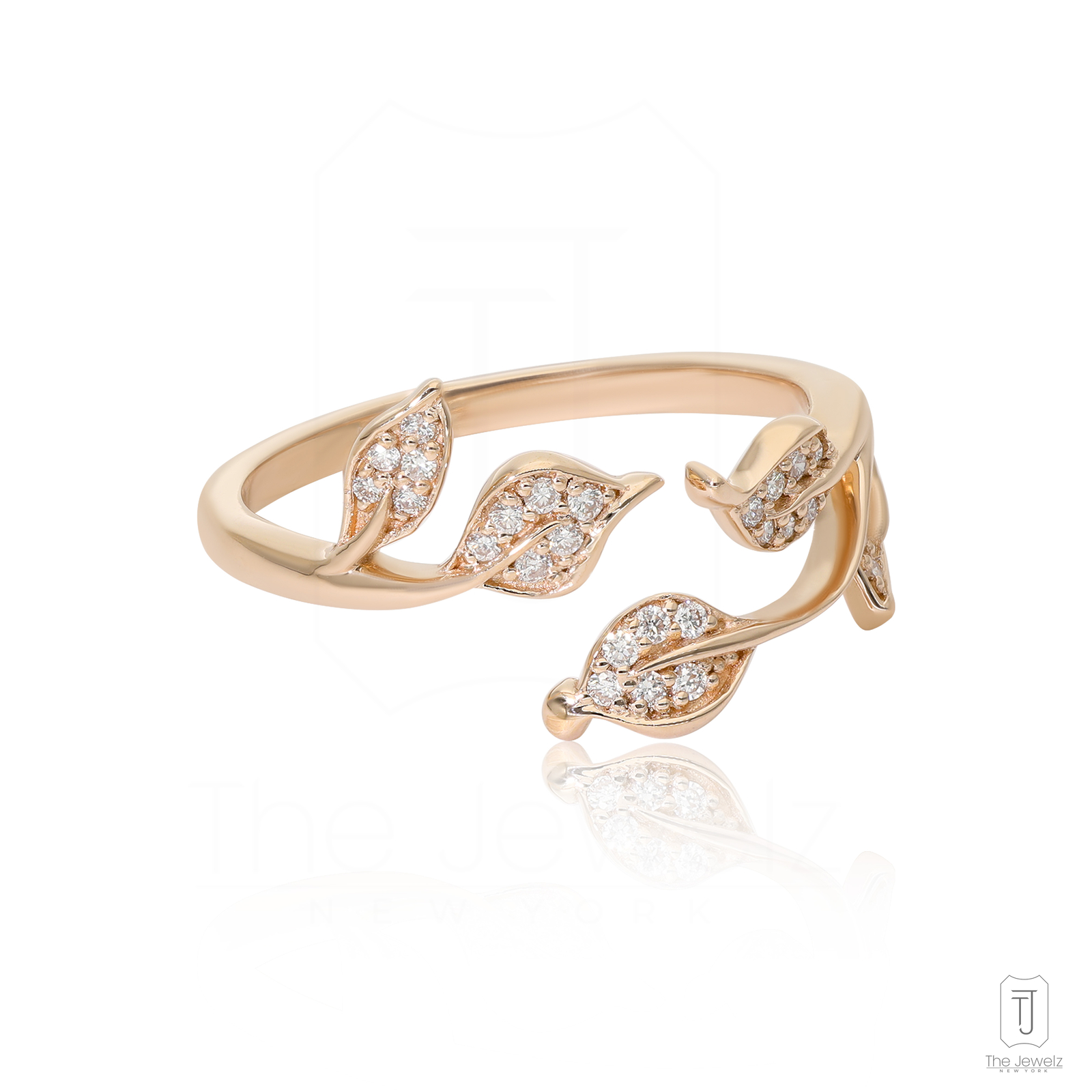 14K Yellow Gold 0.16 ct Pave Diamond Olive Leaf Cuff Ring-Thejewelz