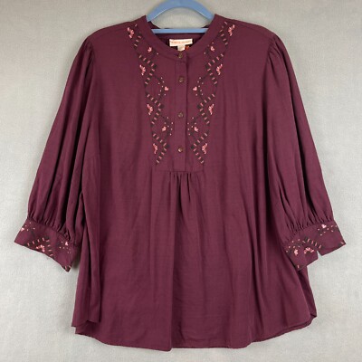Knox Rose Blouse Size XL Maroon Floral Embroidered Popover Boho Cottage NEW