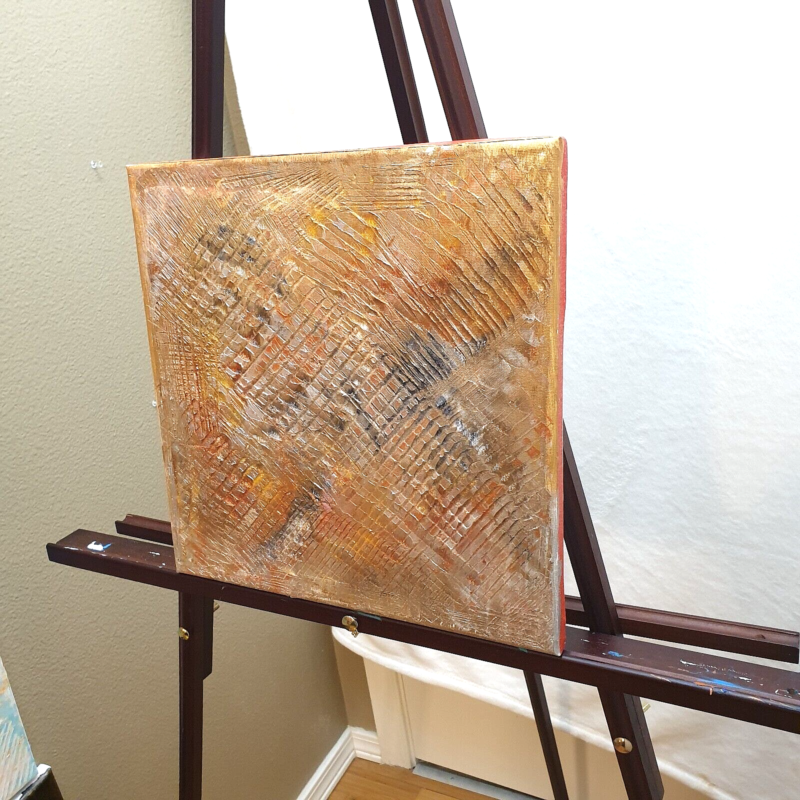 Golden Metallic Original Abstract (See Video) Acrylic Painting Canvas 12x12