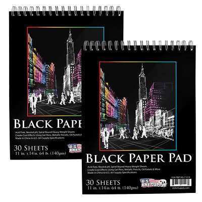11x14 Black Heavyweight Paper Spiral Bound Sketch Pad,140gsm,30 Sheets (2 Pads)