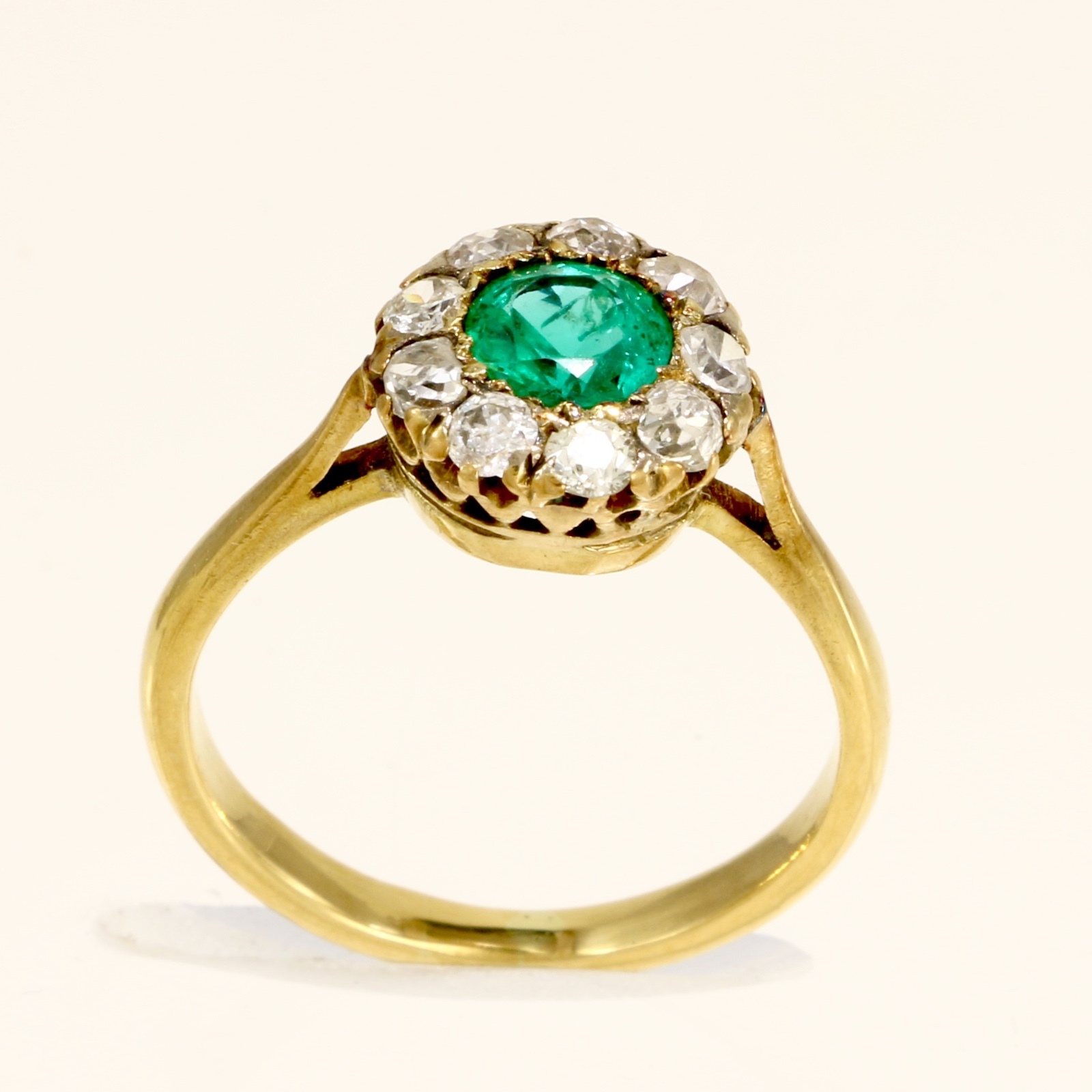 Antique Edwardian Emerald & Diamond 18k Yellow Gold Cluster Ring