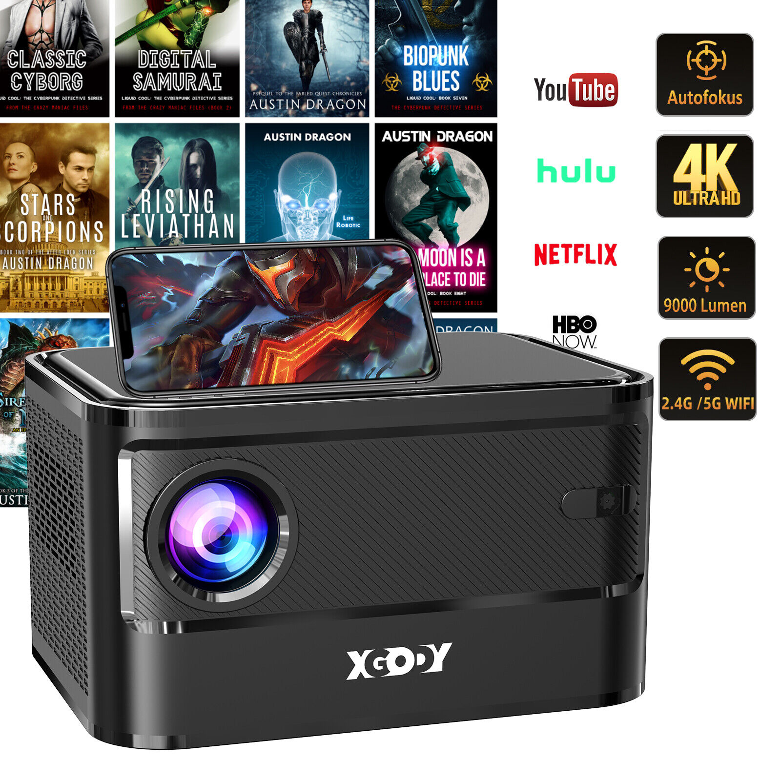XGODY 4K Projektor HD Mini Beamer Wifi Autofokus Bluetooth Android HDMI USB Kino