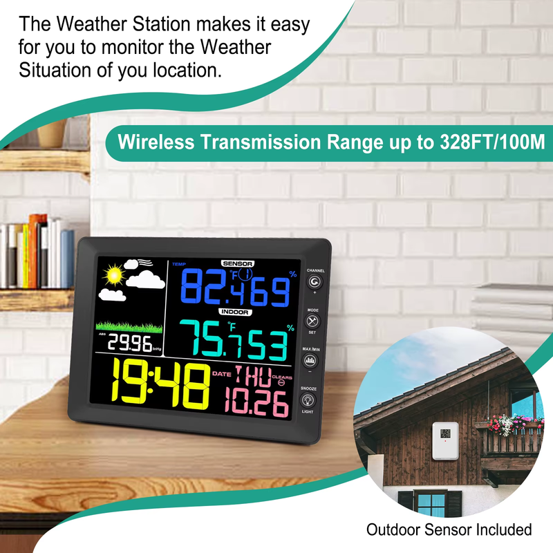 Weather Station Wireless Indoor Outdoor Thermometer 8.3 Inch Color Display Digit