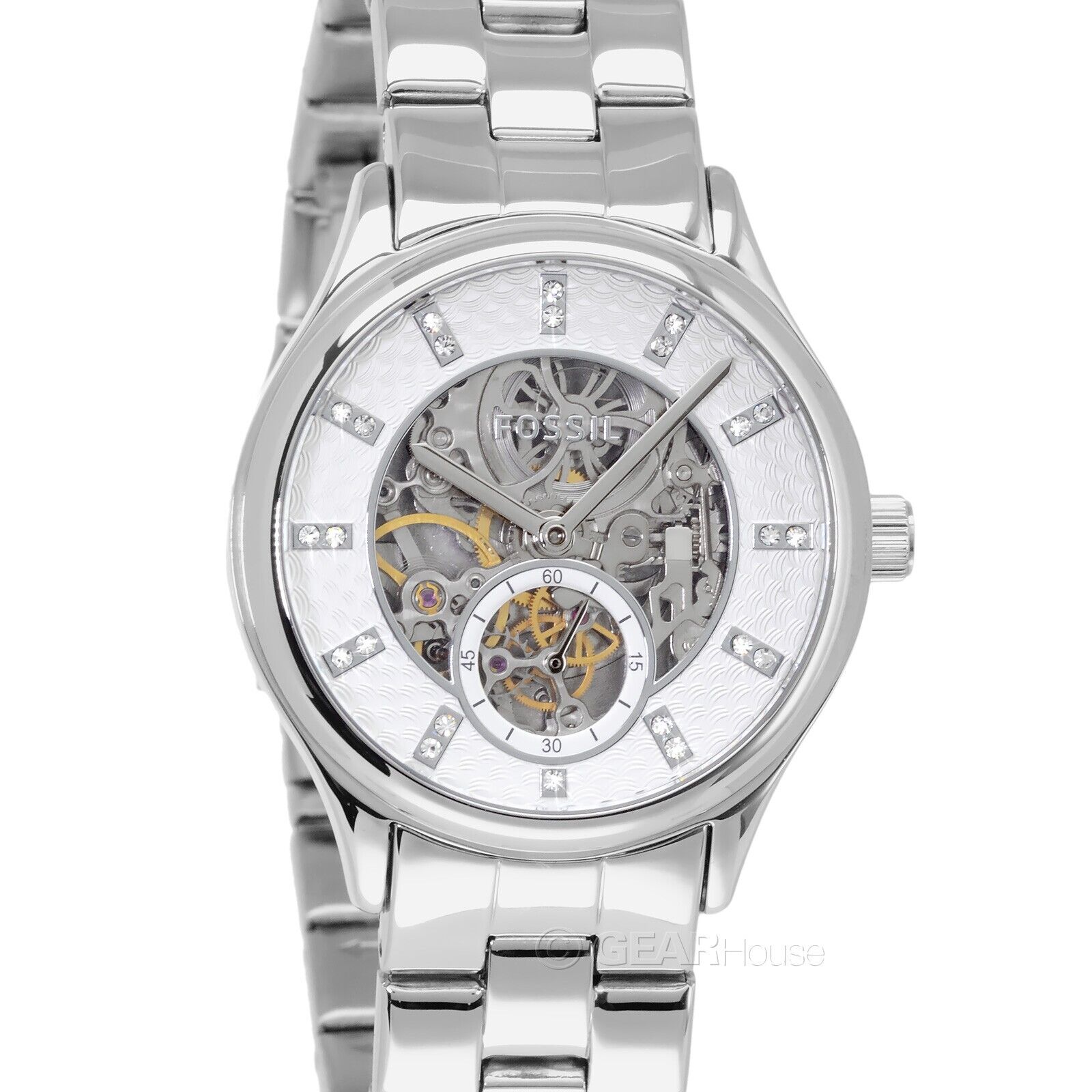 FOSSIL Женские современные изысканные автоматические часы с кристаллами белого, серебристого цвета из стали