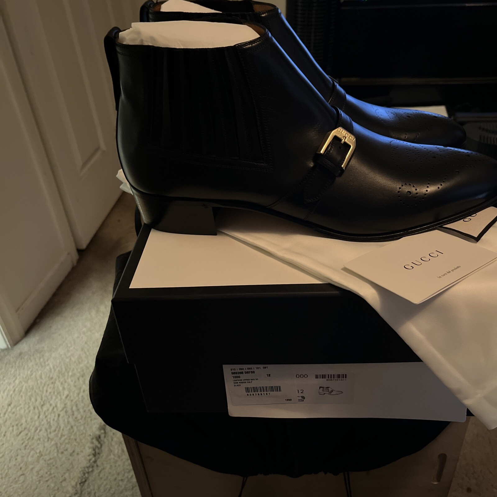 Pre-owned Gucci Mens 563268 Black Leather Logo Printed Ankle Boots Gold Buckle Us 13.5