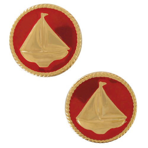 Nautical Red Sail Boat Rope Gold Tone Enamel Clip On Button Earrings 1"