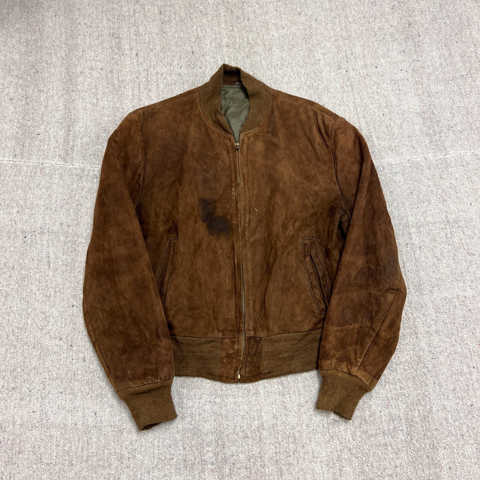 Vintage Suede Bomber Jacket Mens Medium Brown 1950s Zip Up