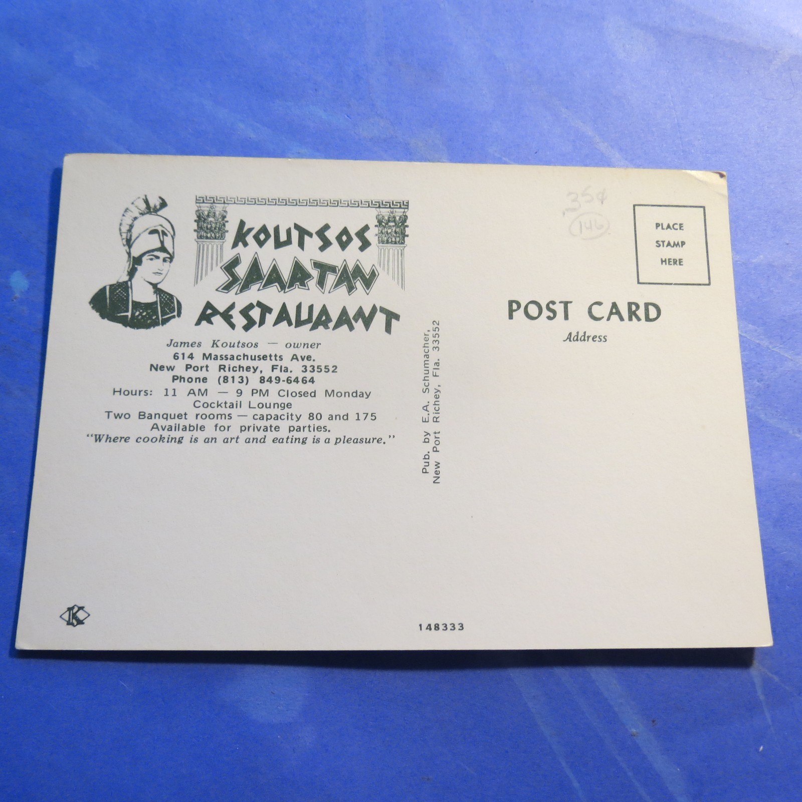 Port Richey FL Koutsos Spartan Restaurant CT SZ  Postcard PC5254