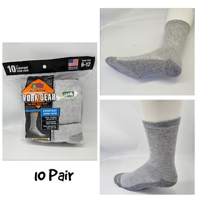 Fruit of the Loom Mens Work Gear Cushioned Gray Crew Socks (10 Pairs) Sz. 6-12 
