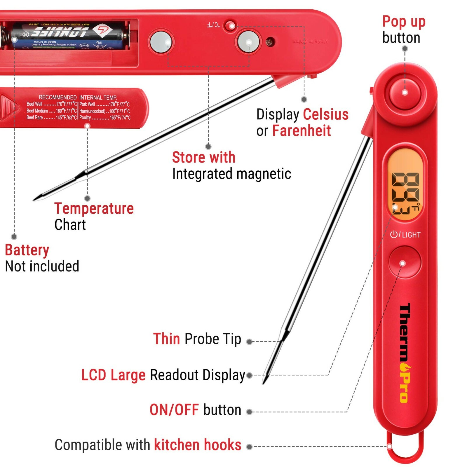ThermoPro Instant Read Meat Thermometer Digital LCD Cooking BBQ Food TP03 Red