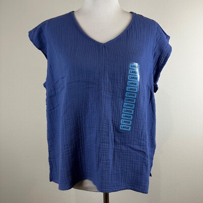 THREE DOTS Double Gauze Top Cap Sleeve V-Neck Womens Size L Periwinkle NWT