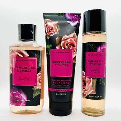 NEW! 3 PCS BATH & BODY WORKS WHIPPED ROSE VANILLA SHOWER GEL, BODY CREAM, & MIST