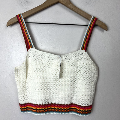Marine Layer Womens Caro Cropped Crochet Tank Size M White Striped Retro Beach