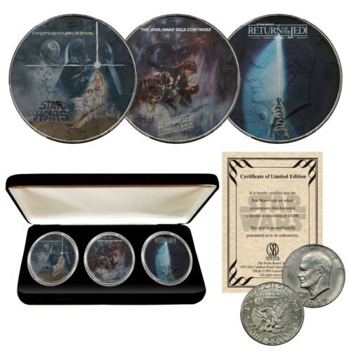1977 Star Wars Trilogy Original Movies 3-Coin Set 1977 IKE U.S $1 Dollars w/ BOX