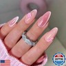 Almond Pink Press on Nails Medium Cat Eyes Fake Nails with Floral Design 3D Spring False Nails Pink French Tip Nails Glossy Gel Acrylic Nails Cute Glue on Nails Blossom Stick on Nails for Women 24Pcs